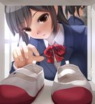  bangs black_hair breath brown_eyes eto eyebrows_visible_through_hair highres locker long_hair md5_mismatch multiple_girls original ponytail school_uniform shoe_locker shoes solo_focus uwabaki 