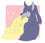 &lt;3 ambiguous_gender anthro black_nose blonde_eyebrows blue_body blue_eyebrows blue_fur blue_hair blush blush_lines canid canine canis closed_smile domestic_dog duo ears_up eyebrow_through_hair eyebrows eyelashes floppy_ears fur galette geometric_background hair hi_res japanese_description looking_at_another lop_ears mammal monotone_body monotone_fur mouth_closed purple_eyes side_view signature simple_background smile smiling_at_another translucent translucent_hair yellow_body yellow_fur