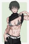  1girl abs absurdres animal_print belt black_hair black_pants black_shirt clothes_lift glasses highres jujutsu_kaisen looking_at_viewer midriff navel open_mouth pants scar shiren_(ourboy83) shirt shirt_lift short_hair solo white_belt zebra_print zen&#039;in_maki 