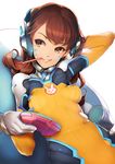  alternate_color ataruman bangs breasts brown_hair controller d.va_(overwatch) facial_mark food game_controller headphones highres long_hair looking_away overwatch pilot_suit pocky small_breasts smile solo swept_bangs whisker_markings 