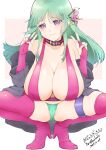  1girl bare_shoulders bashou_(senran_kagura) belt belt_buckle belt_choker black_belt black_choker blunt_bangs blunt_ends blunt_tresses blush boots breasts bridal_gauntlets buckle cameltoe choker cleavage closed_mouth collarbone dated double_v embarrassed flower green_hair green_panties grey_hair grey_jacket hair_flower hair_ornament hanging_breasts high_heel_boots high_heels huge_breasts jacket kinako_(mzknk0) long_hair looking_at_viewer paintbrush_hair_ornament panties pink_background pink_belt pink_bridal_gauntlets pink_choker pink_flower pink_footwear purple_eyes senran_kagura senran_kagura_new_wave shiny_skin signature skindentation smile solo squatting thigh_boots thigh_strap thong two-tone_background two-tone_belt two-tone_choker underwear v white_background 