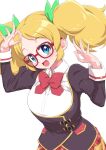  1girl :d aikatsu! aikatsu!_(series) alternate_breast_size black_shirt blonde_hair blue_eyes bow bowtie breasts checkered_clothes checkered_skirt collar glasses green_bow hair_bow hands_up head_tilt large_breasts looking_at_viewer medium_hair ok_sign open_mouth red-framed_eyewear red_bow red_bowtie saegusa_kii school_uniform senzoc shirt simple_background skirt smile solo twintails upper_body white_background white_shirt 