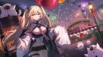  1girl aerial_fireworks amusement_park anchorage_(azur_lane) artist_request azur_lane balloon belt black_ribbon cat dusk ferris_wheel fireworks hair_ribbon hat highres holding holding_balloon lamppost light_brown_hair long_hair long_sleeves looking_at_viewer meowfficer_(azur_lane) midriff navel official_art outdoors peaked_cap pink_eyes reaching reaching_towards_viewer ribbon sleeves_past_fingers sleeves_past_wrists sparkle thigh_belt thigh_strap two_side_up 