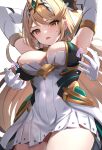  1girl armpits arms_up blonde_hair breasts cleavage cleavage_cutout clothing_cutout cowboy_shot detached_sleeves disembodied_limb dress earrings highres imminent_breast_grab jewelry large_breasts light_blush long_hair mythra_(xenoblade) open_mouth paid_reward_available sweatdrop tomas_(kaosu22) very_long_hair white_dress xenoblade_chronicles_(series) xenoblade_chronicles_2 yellow_eyes you_gonna_get_raped 