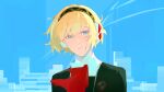  1girl aegis_(persona) black_jacket blonde_hair blue_background blue_eyes commentary english_commentary gekkoukan_high_school_uniform headset highres jacket looking_at_viewer neckerchief persona persona_3 persona_3_reload ran_the_egg_yolk red_neckerchief school_uniform short_hair solo upper_body 