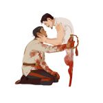  2boys black_hair black_pants blood blood_on_clothes blood_on_hands blood_on_weapon boots brown_coat brown_eyes brown_footwear chengongzi123 coat dark-skinned_male dark_skin facial_hair full_body goatee golden_kamuy grin hands_on_another&#039;s_face highres holding holding_sword holding_weapon kneeling koito_otonoshin long_sleeves looking_at_another looking_down male_focus military_uniform multiple_boys mustache pants parted_lips red_eyes severed_torso short_hair simple_background sleeveless smile sword tsurumi_tokushirou uniform weapon white_background 
