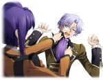  1boy 1girl adjusting_another&#039;s_clothes artist_request ascot blue_eyes blue_hair blurry blurry_foreground cecile_croomy code_geass code_geass:_lost_stories cropped_torso double_handjob formal frilled_jacket frilled_sleeves frills game_cg glasses green_jacket hair_intakes half-closed_eye handjob hands_up highres jacket lloyd_asplund long_sleeves looking_at_another military_uniform nervous non-web_source official_art open_mouth orange_jacket purple_ascot purple_hair semi-rimless_eyewear shirt short_hair sidelocks simple_background solo_focus standing sweat transparent_background uneven_eyes uniform upper_body white_shirt 