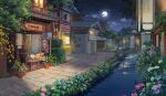  architecture bridge building bush cloud east_asian_architecture flower folding_fan foliage full_moon grass hand_fan hanxiaodan house lovebrush_chronicles moon night no_humans official_art outdoors pavement pink_flower plant potted_plant river riverbank scenery shop sky star_(sky) starry_sky town tree white_flower 