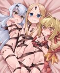  3girls abigail_williams_(fate) ahoge blonde_hair blue_eyes blush braid breasts dragon_tail facial_mark fate/grand_order fate_(series) forehead forked_eyebrows french_braid galbany_(tsgororin) hair_bun hair_intakes hair_ribbon highres keyhole long_hair looking_at_viewer lying melusine_(fate) multiple_girls naked_ribbon navel nero_claudius_(fate) nude on_back open_mouth parted_bangs petite pointy_ears queen_draco_(fate) red_eyes red_ribbon ribbon scales sidelocks small_breasts smile tail thighs white_hair yellow_eyes 