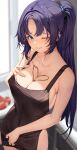  1girl absurdres amagimei apron bare_shoulders blue_archive blush breasts brown_apron cleavage closed_mouth collarbone hair_ornament highres large_breasts long_hair looking_at_viewer naked_apron one_eye_closed purple_eyes purple_hair sidelocks smile solo two_side_up yuuka_(blue_archive) 