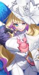  1girl agibe blonde_hair blue_eyes breast_strap breasts claws diabellze_of_the_original_sin dress duel_monster eye_of_horus gloves hat highres large_breasts long_hair multicolored_hair purple_hair smile snake-eyes_poplar streaked_hair white_dress witch_hat yu-gi-oh! 