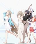  4girls ahoge akane_(blue_archive) asuna_(blue_archive) barefoot black_hair blue_archive blush breasts closed_eyes full_body glasses halo highres karin_(blue_archive) kuu_(user_gngs5284) large_breasts light_brown_hair long_hair multiple_girls neru_(blue_archive) open_mouth orange_hair ponytail short_hair small_breasts smile very_long_hair yawning 