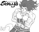  1boy abs absurdres arm_under_pectorals bara belt biceps bucchigiri?! crossed_arms gauntlets greyscale highres large_pectorals long_hair looking_at_viewer male_focus manly mature_male monochrome muscular muscular_male nipples pectorals pointy_ears senya_(bucchigiri?!) simple_background smirk solo thick_arms thick_eyebrows tofuboyz topless_male veins white_background 