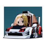 1girl absurdres blue_background brown_sweater car chibi driving duz frown hair_behind_ear highres honda honda_integra hori-san_to_miyamura-kun looking_at_viewer motor_vehicle need_for_speed need_for_speed:_underground sleeves_past_wrists solo spoiler_(automobile) sweater vehicle_focus yoshikawa_yuki_(hori-san_to_miyamura-kun) 