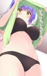  1girl absurdres black_bra black_panties blue_hair blue_nails blunt_bangs blush bra breasts closed_mouth clothes_lift commentary commission cowboy_shot eyelashes eyes_visible_through_hair foreshortening from_below gradient_hair green_shirt gyaru heart highres kogal kohibari_kurumi large_breasts lifted_by_self long_hair looking_at_viewer looking_down multicolored_hair nail_polish navel orange_hair panties purunyara shirt shirt_lift short_sleeves simple_background skeb_commission smile solo split_mouth tenshi_souzou_re-boot! translation_request underwear wavy_hair white_background yellow_eyes yellow_nails 