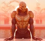 3d_(artwork) alien bodypaint clothed clothing digital_media_(artwork) face_paint hi_res in_pool kagekave leaning leaning_forward looking_at_viewer male mass_effect muscular muscular_male outside plant plant_pot potted_plant solo standing sun sunset swimming_pool swimming_trunks swimwear teeth turian water wet
