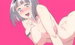  1girl anna_nishikinomiya artist_request bangs bending_forward blunt_bangs breasts large_breasts looking_at_viewer nipples pink_background shimoneta_to_iu_gainen_ga_sonzai_shinai_taikutsu_na_sekai short_hair solo tongue tongue_out white_hair 