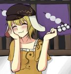  :t ^_^ absurdres animal_ears blonde_hair blush bunny_ears closed_eyes collarbone commentary_request dango eating flat_cap floppy_ears food foodgasm hand_on_own_cheek hat highres holding holding_food orange_shirt ozu_(agito100001) ringo_(touhou) shirt short_hair short_sleeves solo touhou upper_body wagashi 