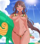  1girl andromeda_(fate) andromeda_(second_ascension)_(fate) beach bikini bracelet breasts brown_hair dark-skinned_female dark_skin fate/grand_order fate_(series) green_eyes inflatable_toy inflatable_whale jewelry large_breasts long_hair navel nick_(pix425) striped_bikini striped_clothes sun swimsuit vertical-striped_bikini vertical-striped_clothes wet 