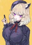  1girl absurdres animal_ear_fluff animal_ears arknights bad_arm beret blonde_hair breasts commentary_request hand_up hat highres holding holding_pencil huge_breasts jacket pencil purple_jacket purple_shirt rocb shirt short_hair simple_background sketch solo upper_body utage_(arknights) utage_(disguise)_(arknights) yellow_background 
