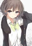  black_cardigan bow bowtie brown_eyes brown_hair cardigan collared_shirt dress_shirt kojiki-life loose_bowtie open_cardigan open_clothes original parted_lips school_uniform shirt short_hair solo striped striped_bow striped_neckwear upper_body white_background white_shirt 