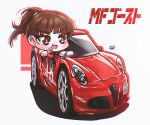  1girl absurdres alfa_romeo alfa_romeo_4c blush brown_eyes brown_sweater car copyright_name driving fang hair_behind_ear highres kitahara_nozomi license_plate logo mf_ghost mizzterbii motor_vehicle open_mouth pointing ponytail race_vehicle racecar shadow skin_fang smile solo sweater v-shaped_eyebrows vehicle_focus 