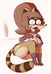 anthro big_breasts big_butt breasts brown_body brown_fur brown_hair butt cartoon_network clothing female fur hair hi_res lipstick makeup mammal markings pillow procyonid purple_clothing raccoon regular_show rigbette_(benson_dancing) rigby_(regular_show) solo striped_markings striped_tail stripes tail tail_markings unknown_artist