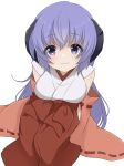  1girl :3 arms_at_sides bare_shoulders blush breasts closed_mouth commentary demon_girl demon_horns detached_sleeves eyes_visible_through_hair feet_out_of_frame hair_between_eyes hakama hanyuu highres higurashi_no_naku_koro_ni horns japanese_clothes kimono large_breasts long_hair long_sleeves looking_at_viewer miko poyadevil purple_eyes purple_hair red_hakama red_skirt ribbon-trimmed_sleeves ribbon_trim simple_background sitting skirt sleeveless sleeveless_kimono smile solo tareme very_long_hair white_background white_kimono wide_sleeves 