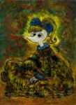abstract_background absurd_res anthro blonde_hair blue_ribbon bow_ribbon clothing colored_pencil_(artwork) colorful colorful_background dress female hair hi_res houska humanoid janet_k_wallace painting_(artwork) sitting snout solo the_moomins traditional_media_(artwork) watercolor_(artwork) yellow_clothing yellow_dress