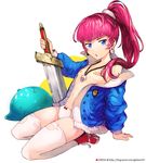  :3 :o arm_support bad_id bad_pixiv_id bandaid bandaids_on_nipples bangs bare_shoulders beads blue_eyes blue_jacket blunt_bangs bow bow_panties breasts bunny_earrings creature earrings freng full_body fur_trim hair_ornament hair_scrunchie holding holding_sword holding_weapon jacket jewelry leaning_back long_hair long_sleeves looking_at_viewer no_pants no_shirt off_shoulder open_clothes open_jacket original outstretched_arm panties pasties pink_hair ponytail red_bow red_footwear scrunchie seiza shoes simple_background sitting skull_necklace slime small_breasts solo sword thighhighs torn_clothes torn_legwear unbuttoned underwear weapon white_background white_legwear white_panties 