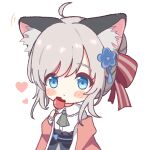  1girl :t ahoge animal_ear_fluff animal_ears arknights ascot black_skirt blue_eyes blush_stickers bow brown_jacket candy_apple cat_ears chibi closed_mouth collared_shirt commentary_request dress_shirt eating food grey_ascot grey_hair hair_bun heart highres holding holding_food jacket long_sleeves mint_(arknights) motion_lines off_shoulder open_clothes open_jacket rebaa shirt simple_background skirt solo striped_bow white_background white_shirt 