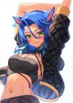  1girl animal_ears arms_up belt black_jacket blue_hair breasts brown_belt cat_ears character_request cleavage commentary crop_top facial_mark final_fantasy final_fantasy_xiv green_eyes hair_between_eyes highres jacket looking_at_viewer medium_breasts medium_hair midriff miqo&#039;te navel open_clothes open_jacket pattikou pink_lips short_sleeves smile solo stomach upper_body whisker_markings 