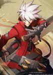  artist_request belt black_gloves black_pants blazblue copyright gloves green_eyes hair_between_eyes heterochromia holding holding_weapon jacket long_sleeves loose_belt male_focus pants ragna_the_bloodedge red red_eyes red_jacket silver_hair solo sword weapon 