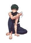  absurdres barefoot burn_scar chuckuddin glasses green_hair high-waist_pants highres jujutsu_kaisen pants round_eyewear scar scar_on_arm scar_on_face simple_background sitting white_background zen&#039;in_maki 