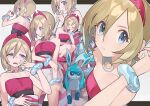  1girl ^_^ bare_shoulders blonde_hair blue_eyes closed_eyes closed_mouth collarbone glaceon hair_between_eyes highres holding holding_poke_ball irida_(pokemon) letterboxed looking_at_viewer multiple_views nao_(syn_eaa) open_mouth poke_ball poke_ball_(basic) pokemon pokemon_(creature) pokemon_legends:_arceus short_hair shorts smile squatting white_shorts 
