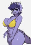 absurd_res anthro big_breasts bikini breasts cavemanon_studios ceratopsian clothed clothing curled_hair dinosaur ear_piercing ear_ring female freckles freckles_on_face goodbye_volcano_high hair hi_res horn huge_breasts jxzuke lips lizard ornithischian piercing purple_body purple_eyes purple_hair reptile ring_piercing scalie smile snoot_game solo swimwear tail triceratops trish_(gvh) underwear underwear_only
