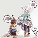  ? boots brown_hair circlet dress green_eyes male_focus mikleo_(tales) multiple_boys n_8u4 open_mouth pants purple_eyes skirt skirt_lift sorey_(tales) tales_of_(series) tales_of_zestiria younger 