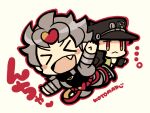 &gt;_&lt; 2boys :&lt; black_headwear black_shirt blush_stickers chibi chibi_only dio_brando fang full_body grey_hair grey_jacket hat jacket jojo_no_kimyou_na_bouken kotorai kujo_jotaro male_focus multiple_boys no_nose open_mouth orange_eyes outline outstretched_arms red_outline shirt short_hair signature spread_arms translation_request white_background 