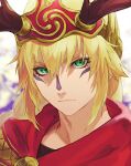  1boy antlers bishounen blonde_hair braid cloak closed_mouth eyelashes facepaint fionn_mac_cumhaill_(shin_megami_tensei) green_eyes hair_between_eyes horns isa_(peien516) long_hair male_focus portrait red_cloak shin_megami_tensei shin_megami_tensei_v single_braid solo 