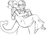 2024 5_fingers anthro bald baryonyx black_and_white black_tie_(suit) bow_tie carrying_another carrying_partner cavemanon_studios clothing dinosaur dress duo eyelashes eyes_closed eyewear female fingers human i_wani_hug_that_gator inco_(iwhtg) jamesthespectre kissing_cheek long_tail male male/female mammal monochrome olivia_halford reptile scalie sketch snout spinosaurid suit sunglasses tail theropod