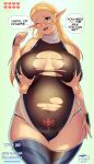 &lt;3 belly big_belly blonde_hair bodily_fluids breast_grab breasts breath_of_the_wild clothing coffeeslice dialogue disembodied_hand duo female front_view gameplay_mechanics green_eyes gui hair hand_on_breast health_bar hi_res humanoid humanoid_pointy_ears hylian lactating leotard long_hair looking_at_viewer milk navel nintendo not_furry one_eye_closed outie_navel pregnant pregnant_female pregnant_humanoid princess_zelda speech_bubble standing the_legend_of_zelda thick_thighs thong tight_clothing torn_clothing underwear