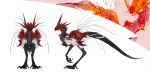  animal animal_feet animal_focus animal_hands black_feathers black_tail claws creature dinosaur feathers full_body highres kamikiririp no_humans original red_feathers reference_sheet solo standing tail whiskers white_background 