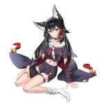  1girl absurdres animal_ears bell black_choker black_hair black_shorts choker full_body hair_between_eyes highres hololive jingle_bell long_hair looking_at_viewer mimi_mimimi navel off_shoulder ookami_mio red_hair shorts sitting smile socks tail transparent_background virtual_youtuber white_socks wolf_ears wolf_girl wolf_tail yellow_eyes 
