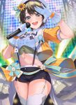  1girl :d aqua_eyes beret brown_hair crop_top cropped_jacket flower garter_straps gloves hair_flower hair_ornament hat highres hololive idol looking_at_viewer microphone midriff navel omoti_(1201208) oozora_subaru oozora_subaru_(starlight) open_mouth short_hair shorts smile solo stage_lights sunflower sunflower_hair_ornament suspender_shorts suspenders thighhighs virtual_youtuber white_gloves white_thighhighs 