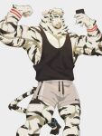 anthro arknights biceps bottomwear chivess clothing felid fur hair hi_res hypergryph male mammal mirror_selfie mountain_(arknights) muscular muscular_thighs pantherine pecs ponytail presenting selfie serious_face shirt shorts simple_background solo studio_montagne taking_picture tank_top tiger topwear white_background white_body white_fur