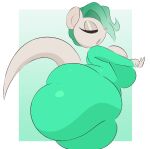 absurd_res anthro arizonathevixen big_breasts big_butt breasts butt clothing female green_hair grey_body hair hi_res huge_breasts huge_butt huge_thighs mammal mustelid narrowed_eyes open_mouth otter rippley_(arizonathevixen) skinsuit solo thick_thighs tight_clothing yellow_eyes