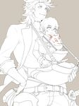  akita_toushirou babywearing belt breastplate carrying enomoto_(guroria009) fox hand_on_hip konnosuke male_focus monochrome multiple_boys size_difference smile sohaya-no-tsurugi spot_color touken_ranbu 