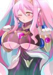  1girl akako83 black_bodysuit blue_hair blush bodysuit breasts covered_navel earrings eratoeir_(mega_man_x_dive) jewelry large_breasts long_hair mega_man_(series) mega_man_x_(series) mega_man_x_dive multicolored_hair one_eye_closed pink_hair robot_ears robot_girl solo twitter_username underboob very_long_hair 