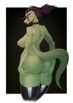anthro areola biped black_background black_clothing black_legwear black_thigh_highs blush border breasts butt butt_grab claws clothing collar digital_media_(artwork) female fingers green_body green_tail grey_claws hair hand_on_butt hi_res legwear lizard looking_at_viewer looking_back looking_back_at_viewer mostly_nude nipple_piercing nipple_ring nipples piercing pink_areola pink_nipples pupils purple_collar purple_hair rear_view red_eyes redgreendied reptile ring_piercing scalie simple_background slit_pupils smile solo standing tail thigh_highs thigh_highs_only white_border yellow_sclera