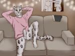 anthro clothing echto felid feline genitals glans hi_res male mammal penis pink_clothing pink_topwear solo tail topwear
